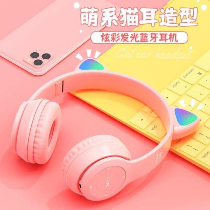 Tai nghe Bluetooth P47M gắn tai mèo dễ thương Phát sáng đèn đầy màu sắc Có LED có thẻ có thể gập lại