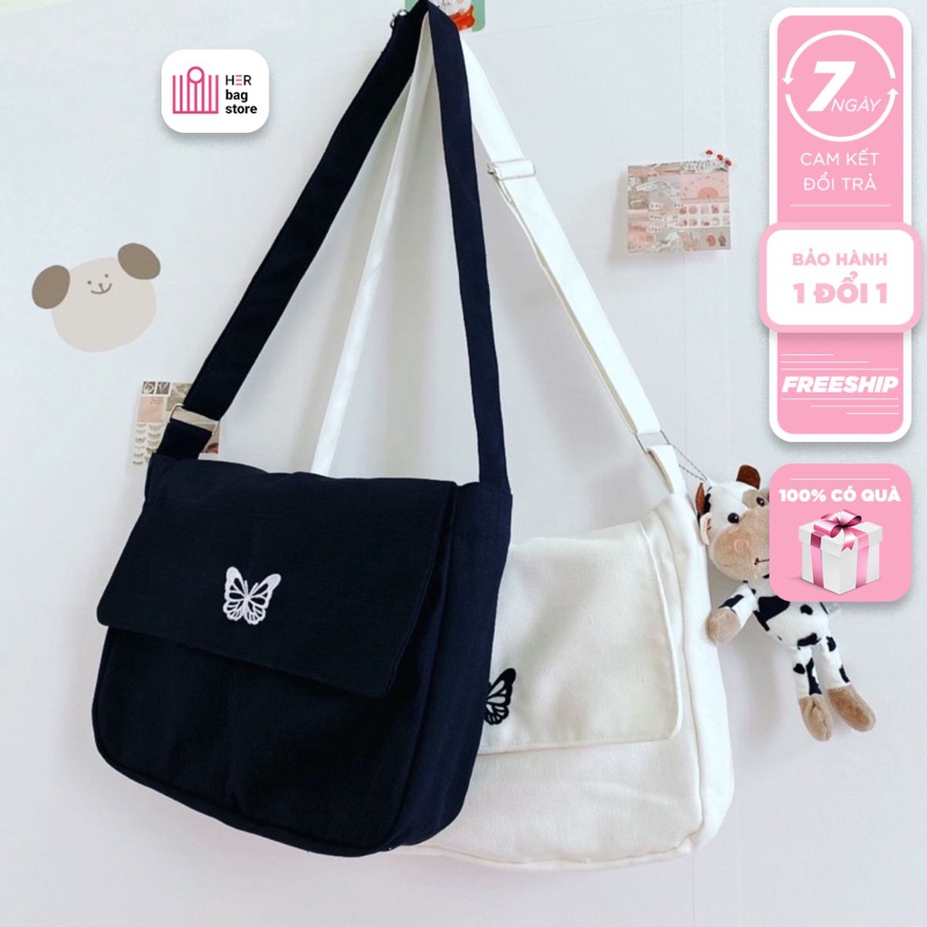 Túi tote vải canvas Nữ unisex cao cấp đựng đồ đi học, đi chơi thêu hình con bướm nhỏ dễ thương Hàn Quốc giá rẻ