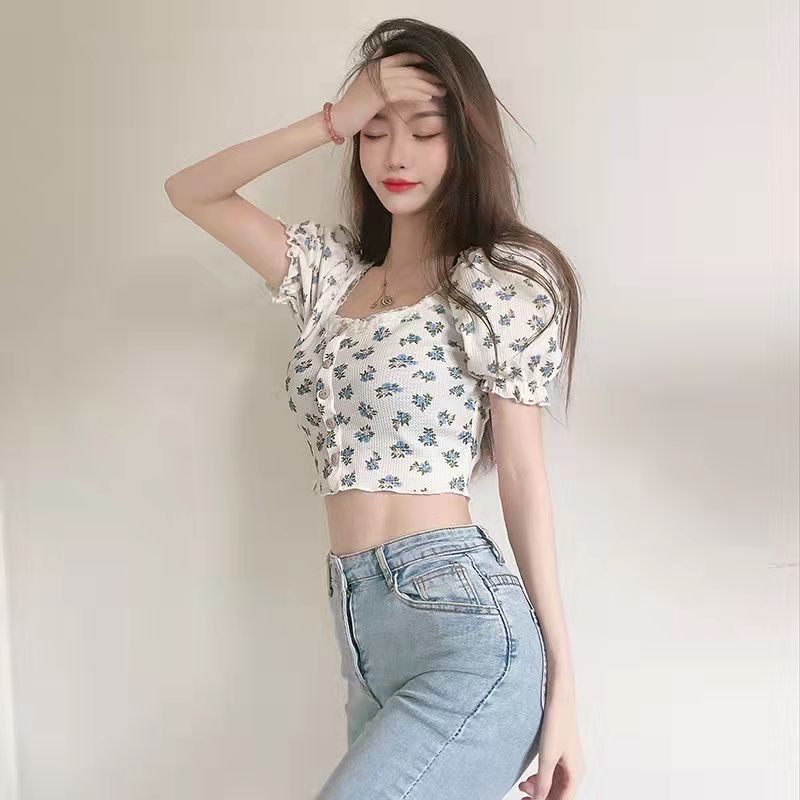 Áo croptop tay phồng in họa tiết hoa xinh xắn cho nữ