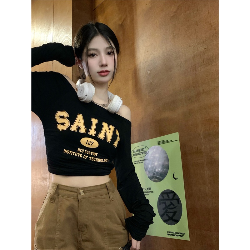 Cocory vn Áo Thun Tay Dài Trễ Vai Dáng Ôm Thời Trang Retro Mỹ Quyến Rũ Cho Nữ