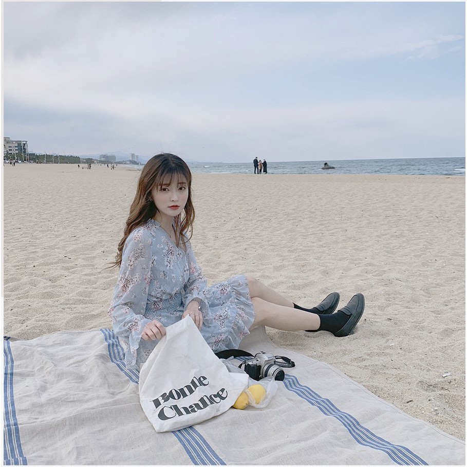 Đầm Voan Hoa Tay Dài Cổ Chữ V Thời Trang 29250