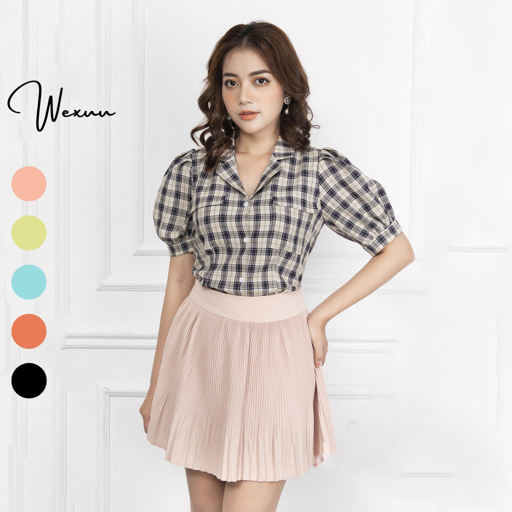 Áo sơ mi nữ caro Wexuu Design áo kiểu tay bồng cổ vest túi ngực- TK21.09