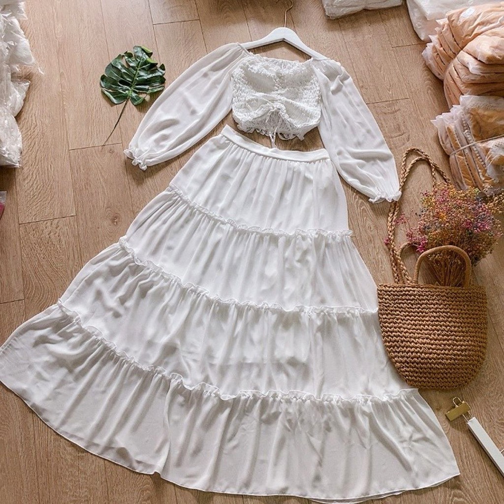 Set váy maxi bo chun nhún với chân váy bèo tầng tiểu thư cá tính phong cách thời trang XUKA-DRESS MT066 chất Voon
