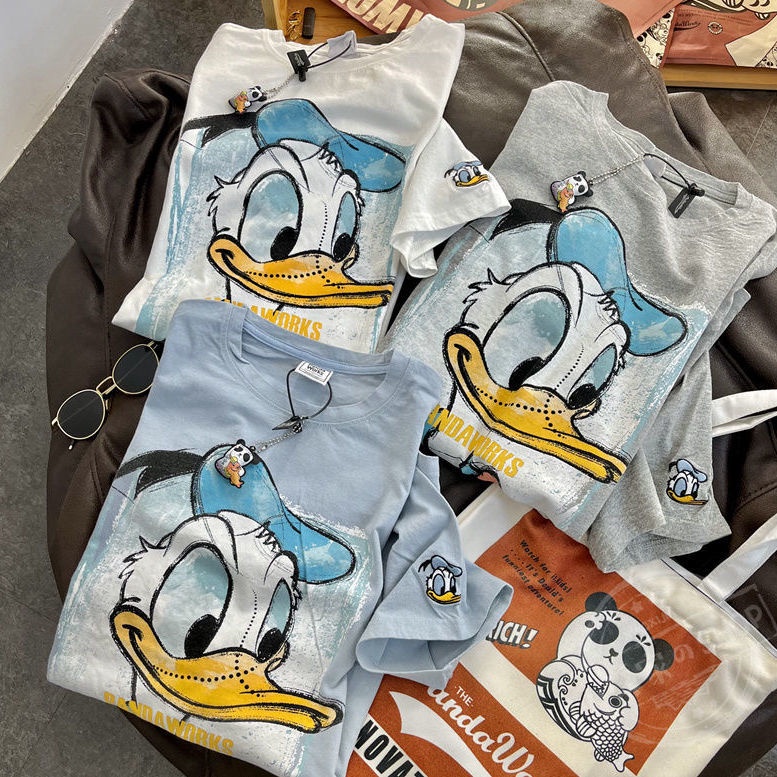 DISNEY Áo Thun unisex Tay Ngắn Cổ Tròn In Hình Donald Duck Phong Cách Hàn Quốc Thời Trang Mùa Hè