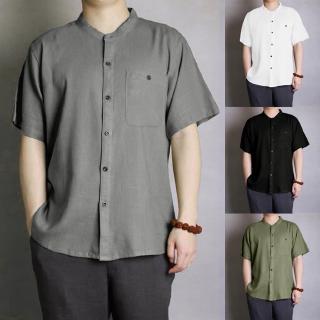 Men's Baggy Cotton Linen Solid Button Short Sleeve Retro T Shirts Tops Blouse
