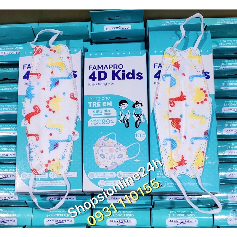✅ Hộp 10 cái khẩu trang 4D , kf94 cho bé Famapro Nam Anh hình khủng Long