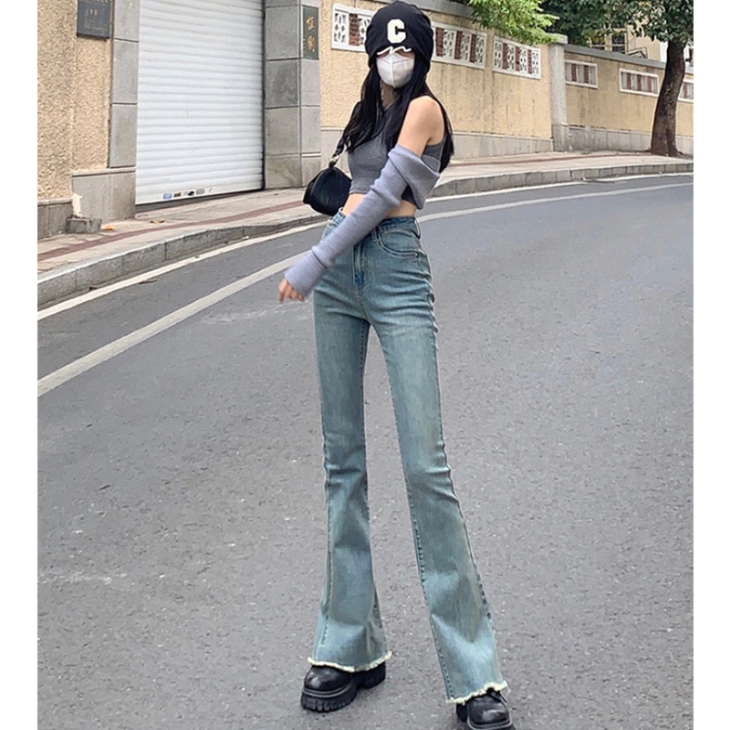 Quần Jeans Ống Loe Lưng Cao Thời Trang Dành Cho Nữ