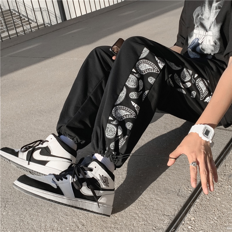 Quần Thể Thao Ống Suông Phối Dây Rút In Họa Tiết Phong Cách Hip Hop Hàn Quốc
