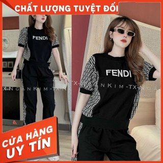 Bộ đồ thể thao nữ quần bo gấu áo phối họa tiết thêu logo sang trọng trẻ trung
