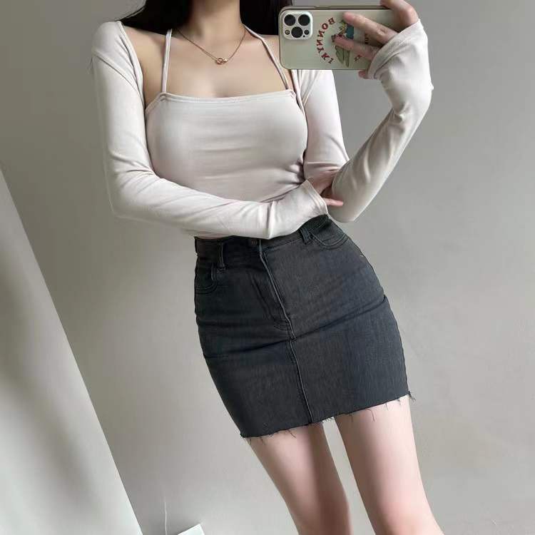 Chân váy jean COZOKC lưng cao co giãn xinh xắn dễ phối đồ cho nữ