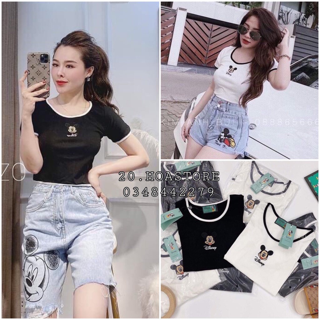 ÁO CROPTOP MICKEY THÊU TRẮNG ĐEN BASIC - ÁO PHÔNG CỘC THÊU CHUỘT ULZZANG