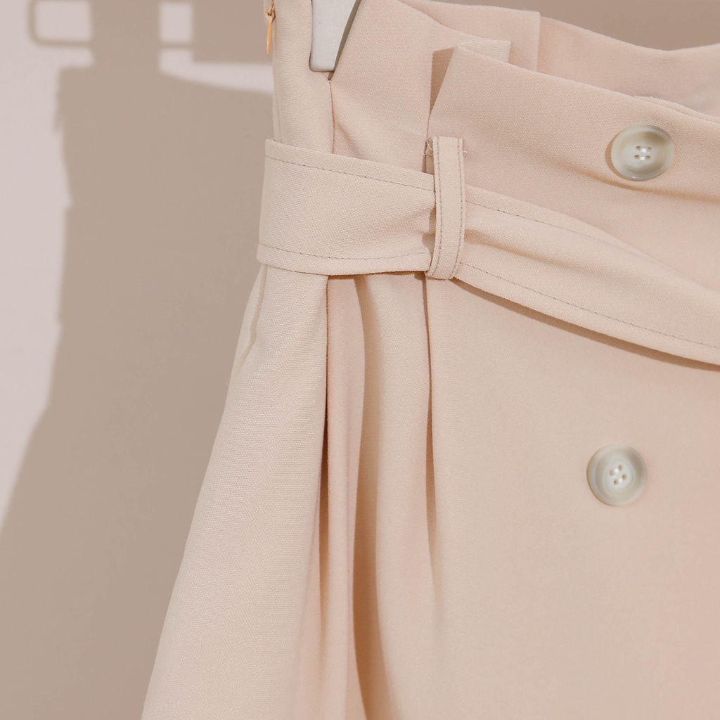 Chân Váy Chữ A MOMOCO Cạp Cao Thắt Đai Vạt Chồng Đính Cúc Chất Tuýt Si Co Giãn M2364