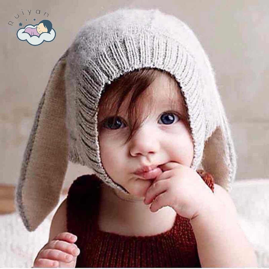 Mũ len trùm đầu trang trí đôi tai thỏ đáng yêu cho bé
