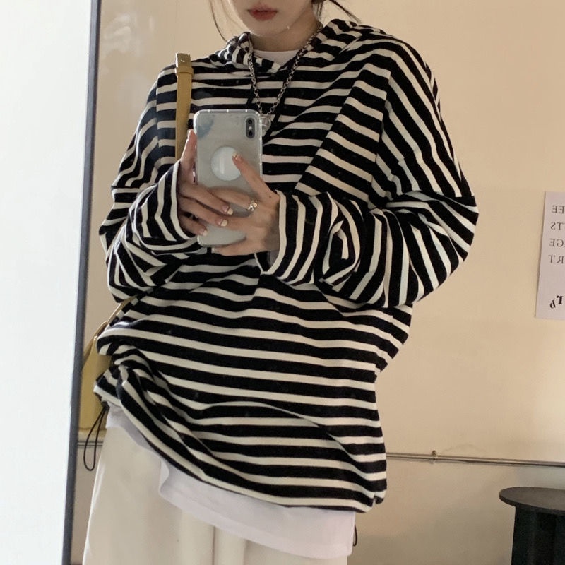 Áo hoodie tay dài dáng rộng kẻ sọc phong cách Hàn Quốc thời trang mùa thu mới 2021 cho nữ