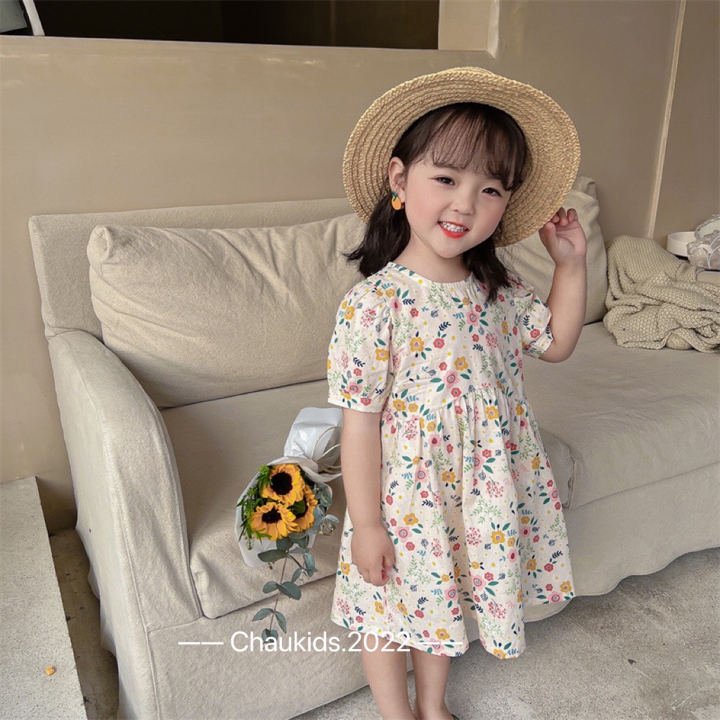 Váy babydoll hoa nhí bé gái kiểu dáng vintage tay nhún cúc cài sau chất thô hàn mát mẻ Dinokids