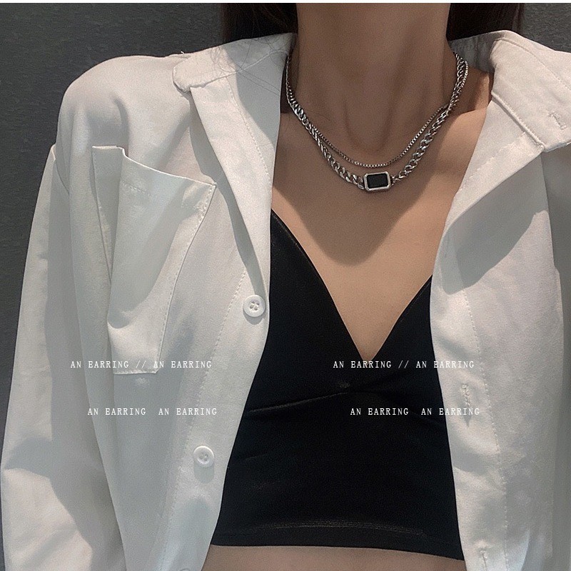Vòng cổ Hai Lớp Mặt Vuông Phong Cách Hip Hop Thời Trang Hàn Quốc Cho Nam Và Nữ