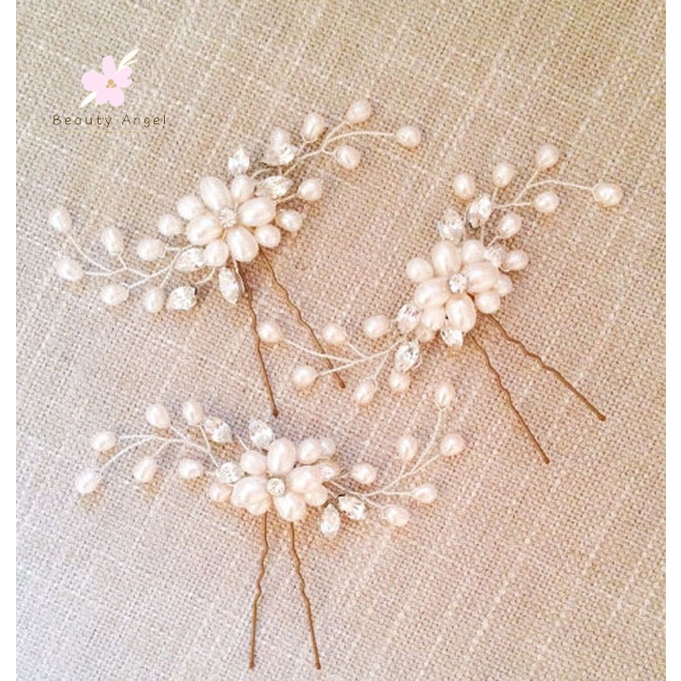 Trâm Cài Tóc Hình Hoa Đính Ngọc Trai Pha Lê Cho Cô Dâu