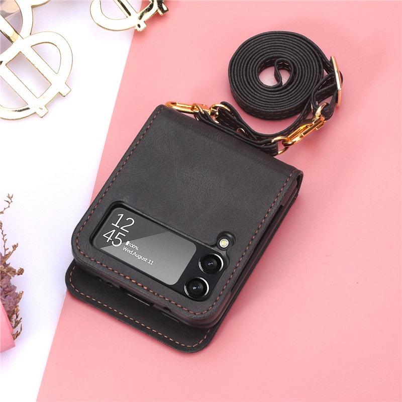 Bao Da Điện Thoại Nắp Lật Tích Hợp Ngăn Đựng Thẻ Và Dây Đeo Cho Samsung Galaxy Z Flip4 Flip3 Phone Z Flip 4 5G