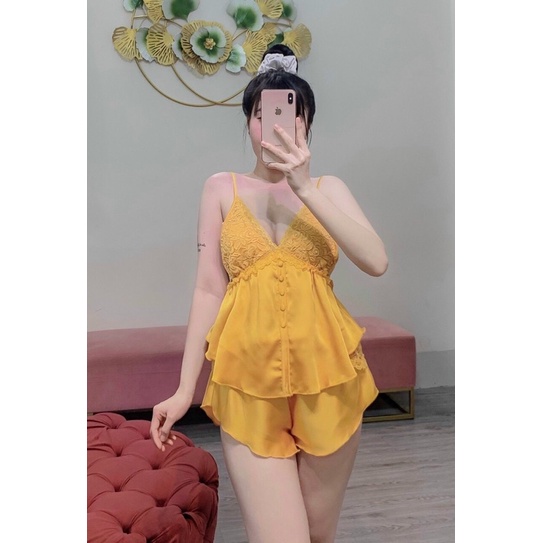 BỘ NGỦ NỮ  SET LỤA SATIN MỀM MỊN NÚT BỌC PHỐI REN SEXY