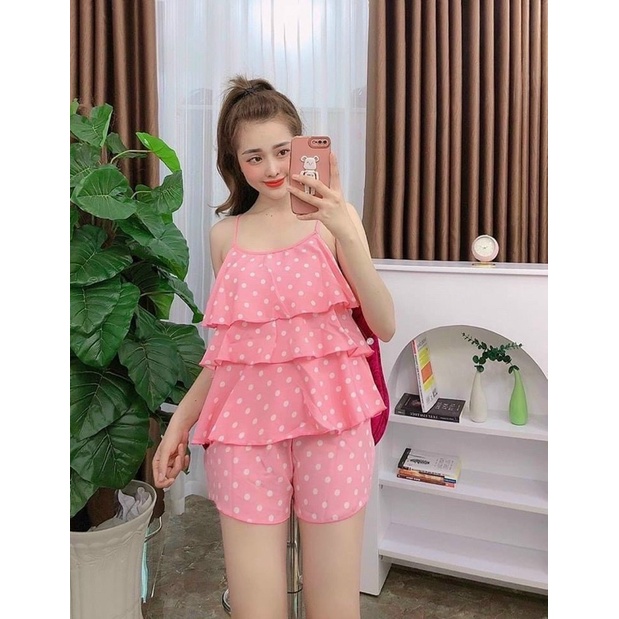 Bộ lụa hàn chấm bi 3 tầng dễ thương vải bao mát