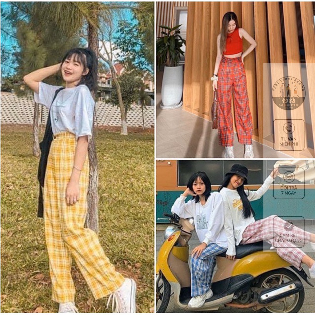 Quần Kẻ Caro Ống Rộng ❤ Quần Caro Nữ Cạp Chun Lưng Cao Dáng Suông