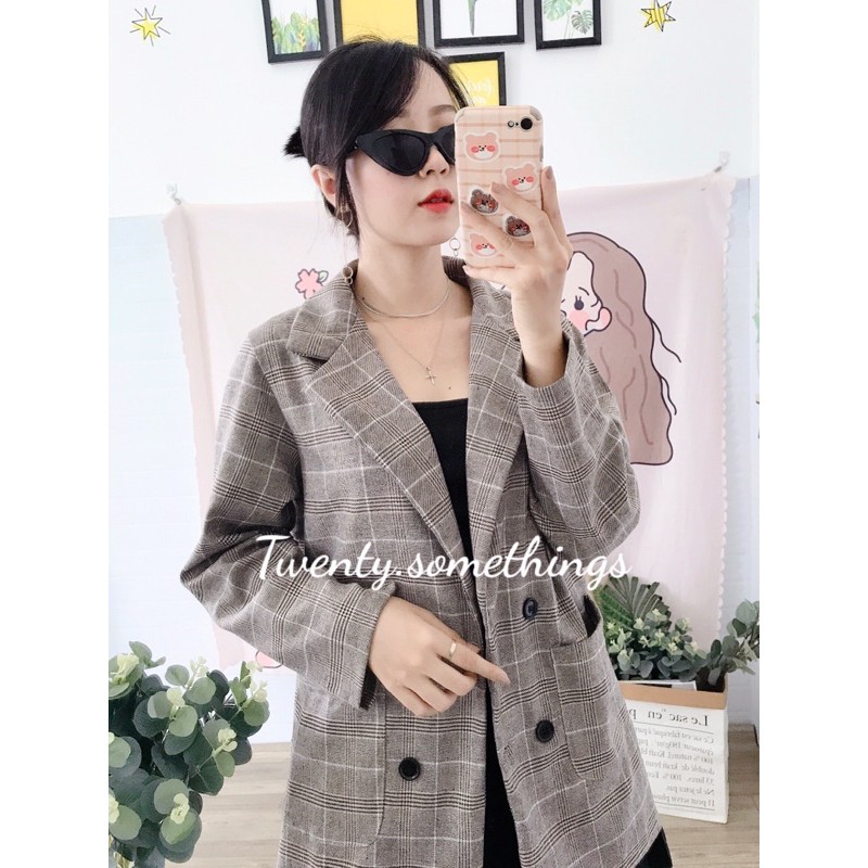 ÁO BLAZER KẺ NÂU SỮA 1 LỚP (ảnh thật/sẵn/video)