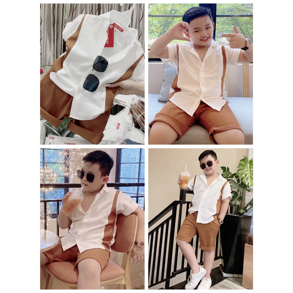 Set bộ đồ cho bé quần lửng áo sơ mi màu xanh dương màu rêu màu bò dễ thương size đại 12kg-52kg vải phom đẹp Toni kids