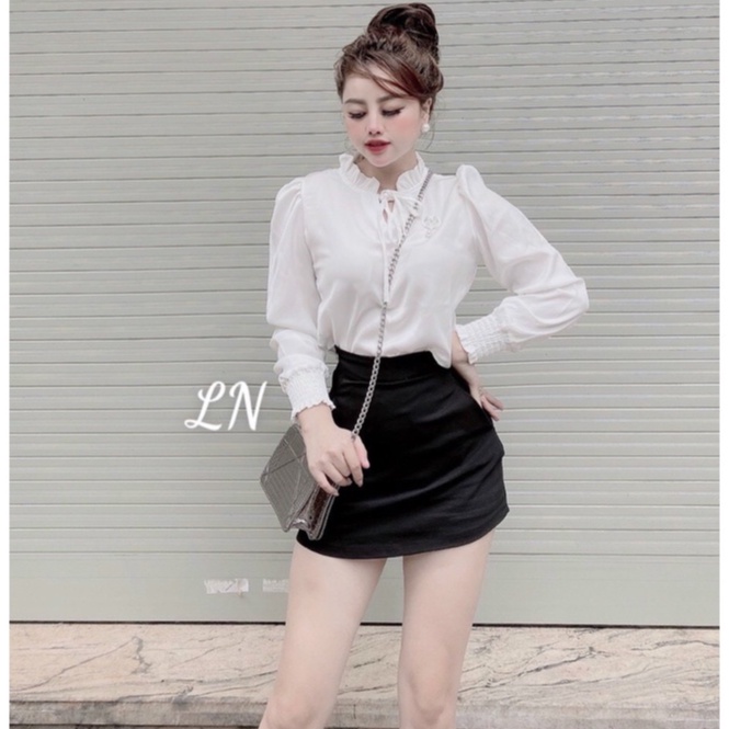 Áo sơ mi lụa cổ bèo cài mác đá nhiều màu