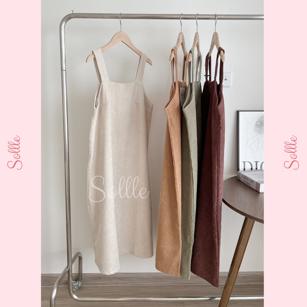 Váy yếm nữ nhung gân tăm dáng dài form rộng ulzzang trơn nhiều màu Hàn Quốc Sollle