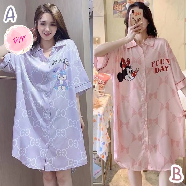 Váy ngủ bigsize nữ kiểu sơ mi pijama TOZZO in hoạt hình cute dễ thương  mặc nhà mùa hè VSM1