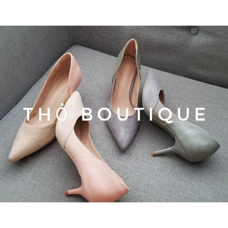 Giày cao gót xuất Âu da lộn phối da bóng 6cm hồng pastel, xanh pastel, xám size 37-38