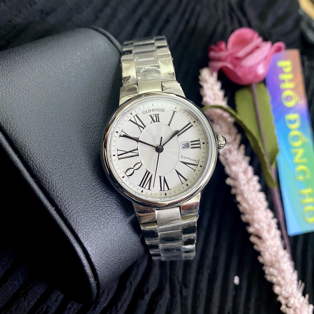 Đồng hồ nữ dây kim loại mặt kính chống xước sapphire Sunrise 2133 2133SA SL2133LS trắng