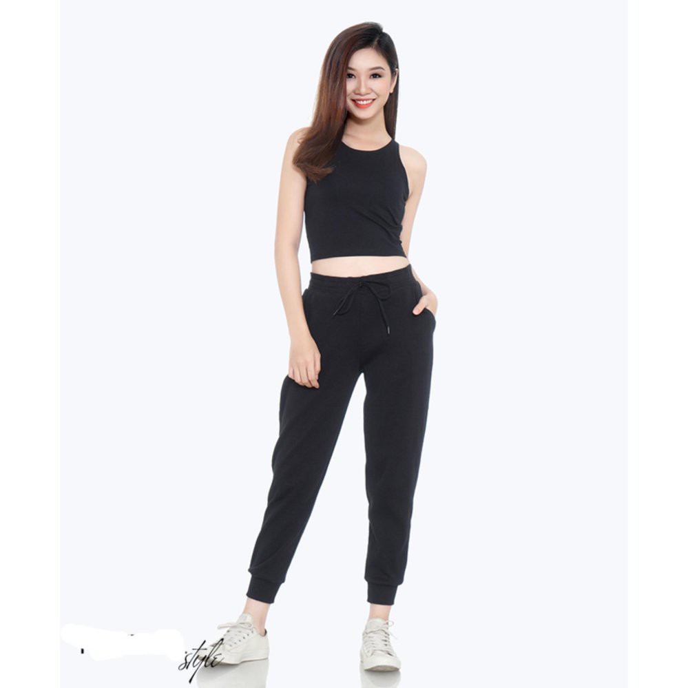 Quần Jogger Len Tăm VIETSTAR Quần Jogger Nữ Bo Gấu Lưng Thun 2 màu Đen Xám