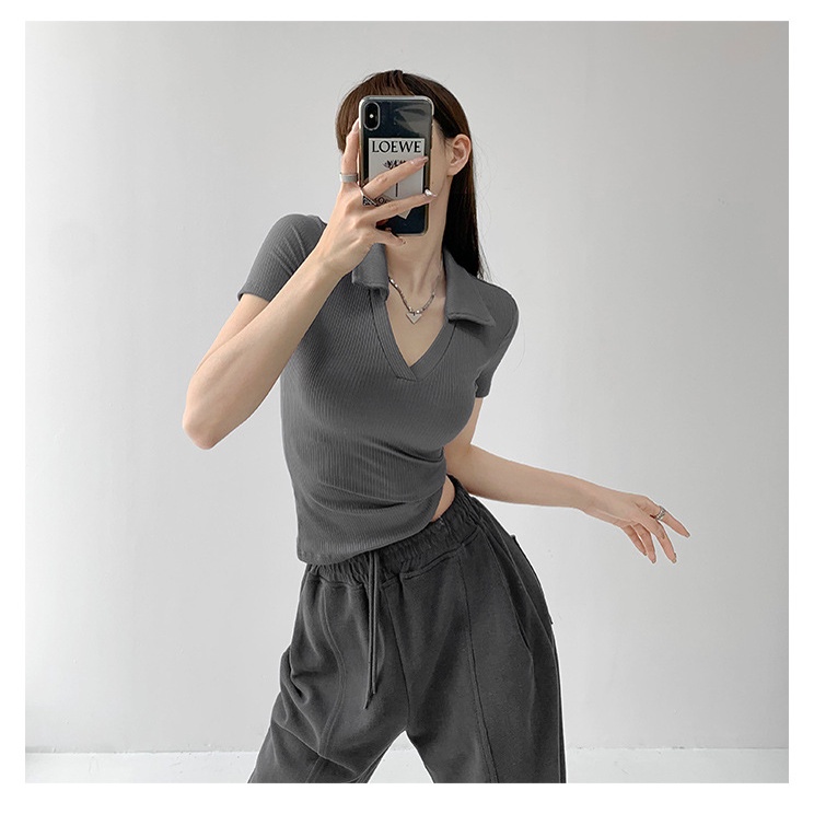Áo thun MMIOT dệt kim tay ngắn cổ chữ V màu trơn dáng ôm thời trang mùa hè 2023 cho nữ