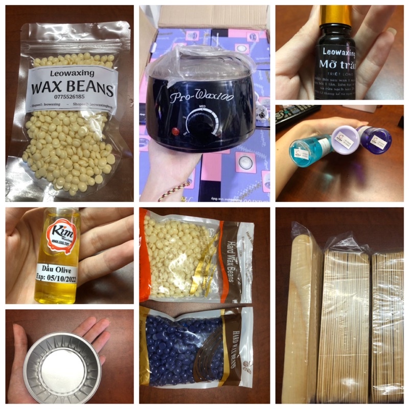 Nồi wax lông Pro wax 100, dầu olive, mỡ trăn, dầu lau sáp, dưỡng sau wax, que đè lưỡi kem gỗ, wax bean jax combo, ca nấu