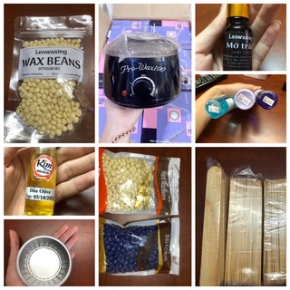 Nồi wax lông Pro wax 100, dầu olive, mỡ trăn, dầu lau sáp, dưỡng sau wax, que đè lưỡi kem gỗ, wax bean jax combo, ca nấu
