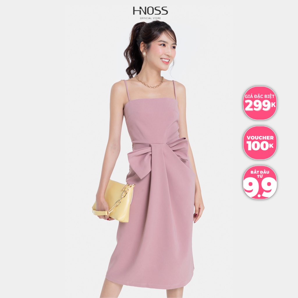 Đầm nữ hai dây HNOSS Midi thiết kế xoắn nơ eo HNDLU018