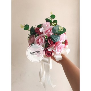 _Bó hoa cưới cầm tay cô dâu sáp thơm điểm lá tone Hồng Pastel và hoa hồng dâu sáp thơm