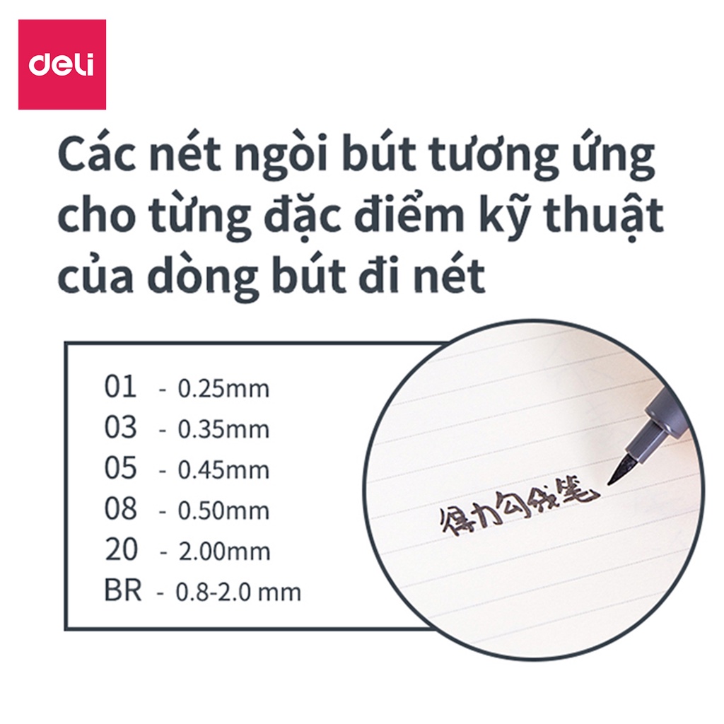 Bút kỹ thuật đi nét nhiều ngòi màu đen Deli - kháng nước - vẽ caligraphy phác thảo - bộ 6 chiếc  - S573