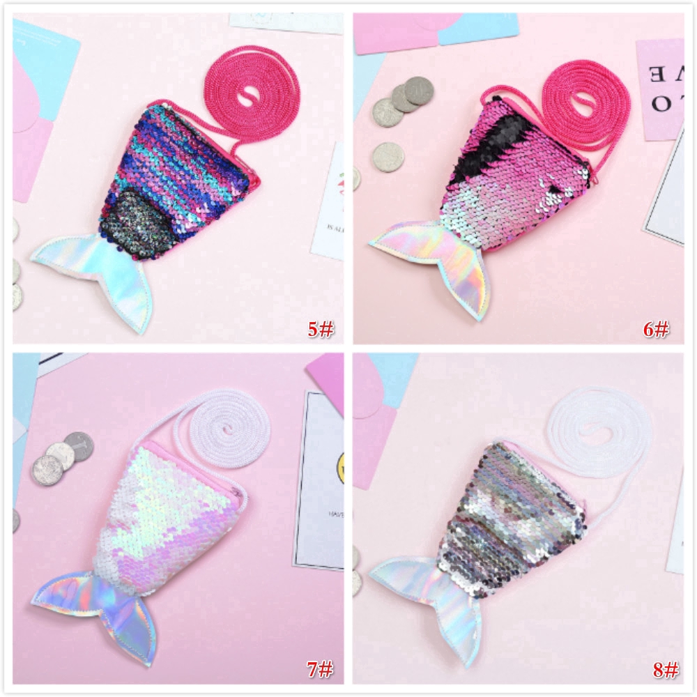 Túi đeo vai đựng tiền xu thiết kế hình đuôi nàng tiên cá kim sa lấp lánh cho bé gái