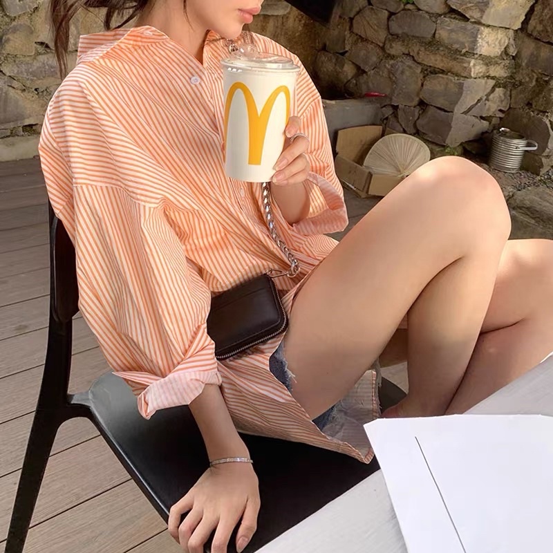 Áo Sơ Mi Hàn Quốc 🧡Sơ Mi Ulzzang Style [Áo Somi Sọc Cam] HÀNG LOẠI 1