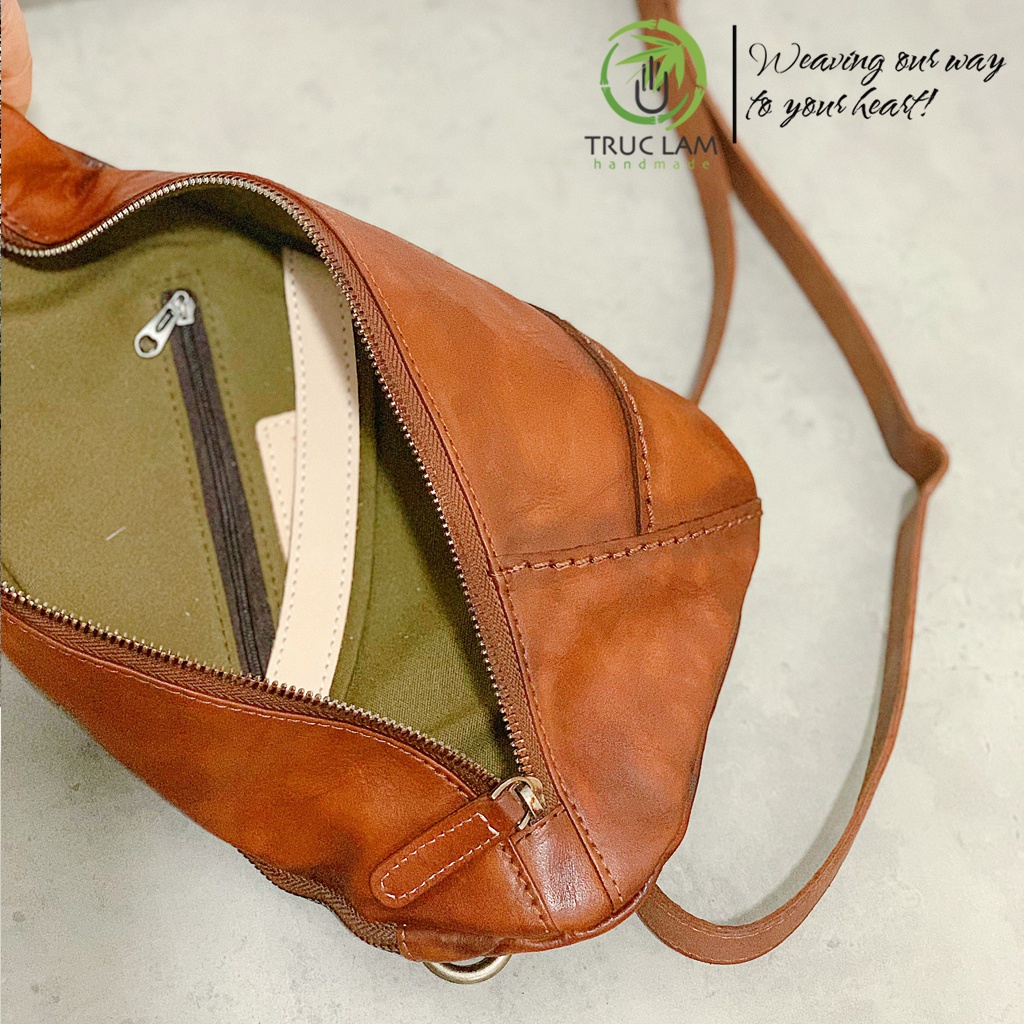 Túi Đeo Chéo Thời Trang Nam Da Bò Thật Cao Cấp Hai Khóa kéo - Trúc Lâm Handmade