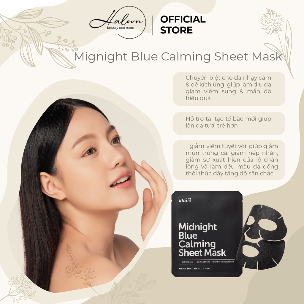 Mặt nạ làm dịu,giảm kích ứng,phục hồi da Dear, Klairs Midnight Blue Calming Sheet Mask 25ml