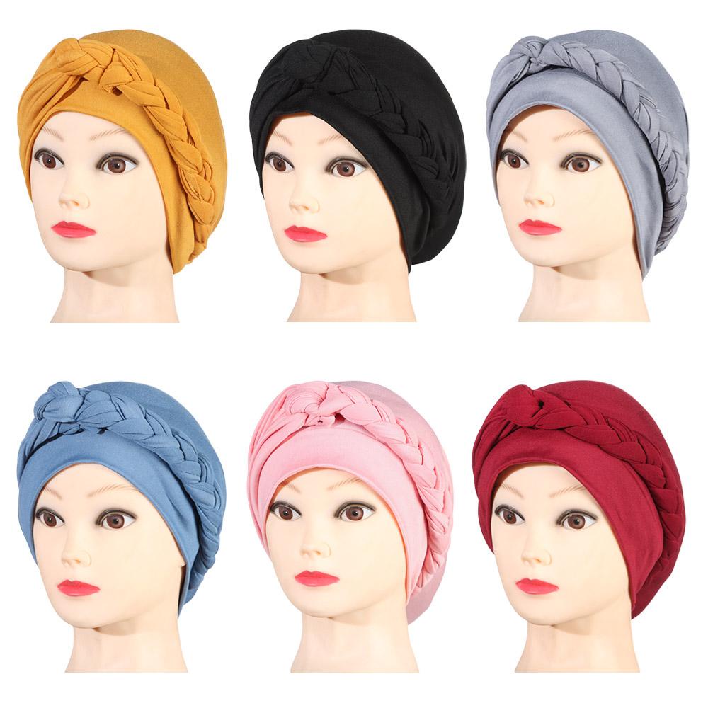 [LAY] Elastic Headscarf Side Braid Hair Loss Cover Turban Caps Women Fashion Solid Color Muslim Cancer Chemo Cap/Multicolor