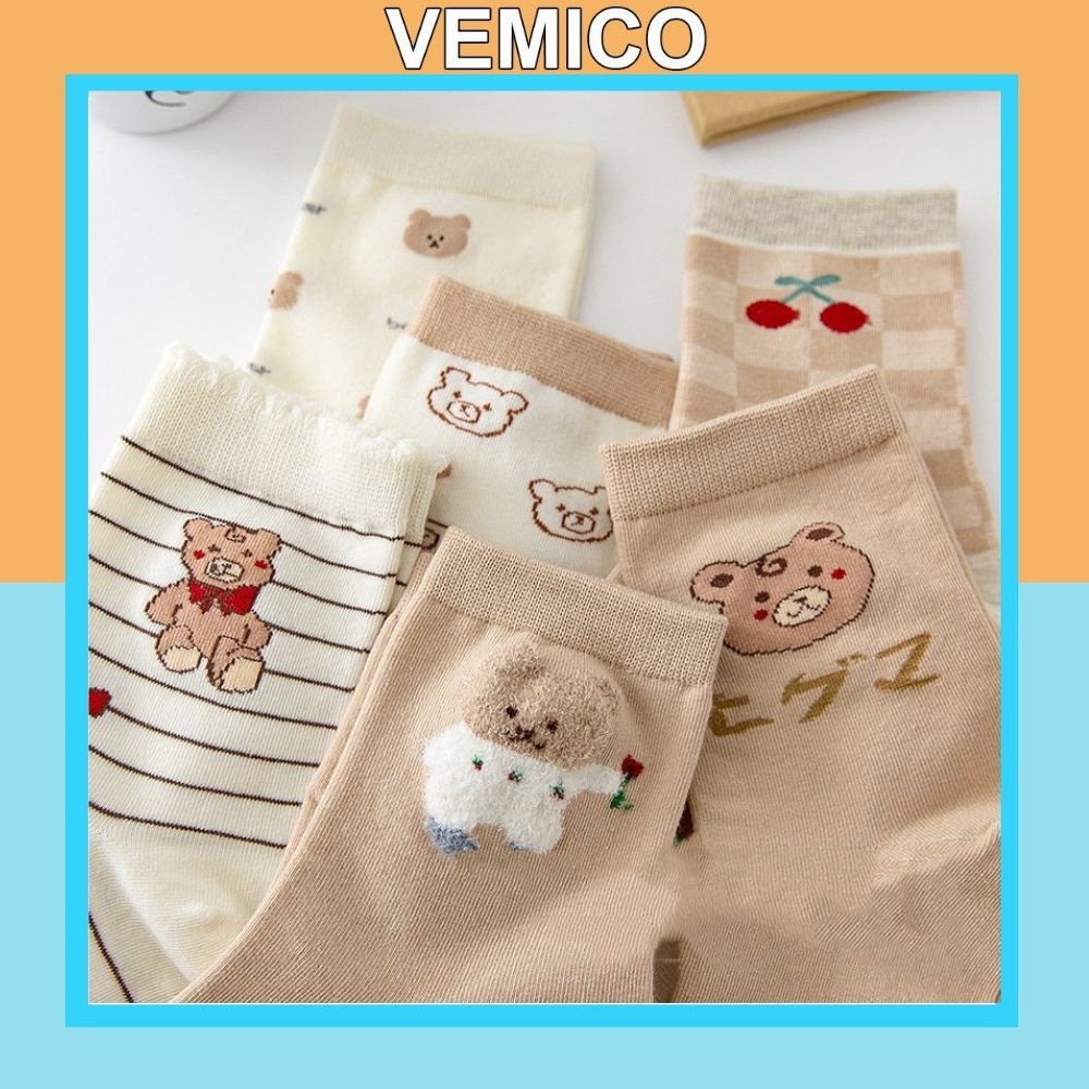 Tất cao cổ hoạ tiết gấu đáng yêu Vemico vớ nữ cotton dày dặn thoáng khí Hàn Quốc TN142