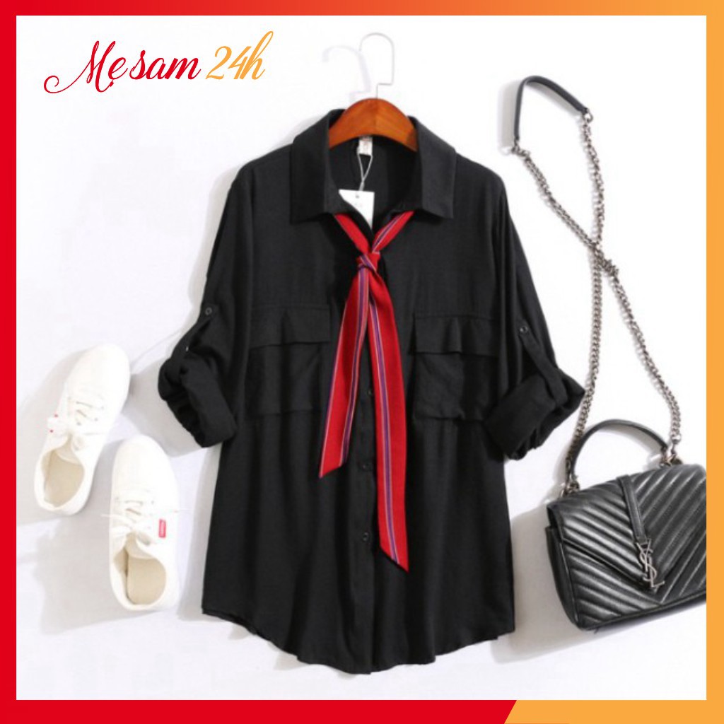 Áo sơ mi nữ dài tay form rộng, sơ mi đũi Mẹ Sam 24h, chất liệu mềm mát, size từ 40 đến 85kg SMH.47