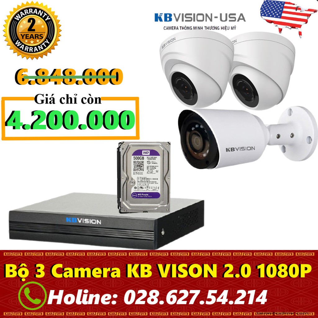 Trọn bộ 1-4 mắt camera 2MP KBVISION Full HD 1080P, hồng ngoại 20m, đầy