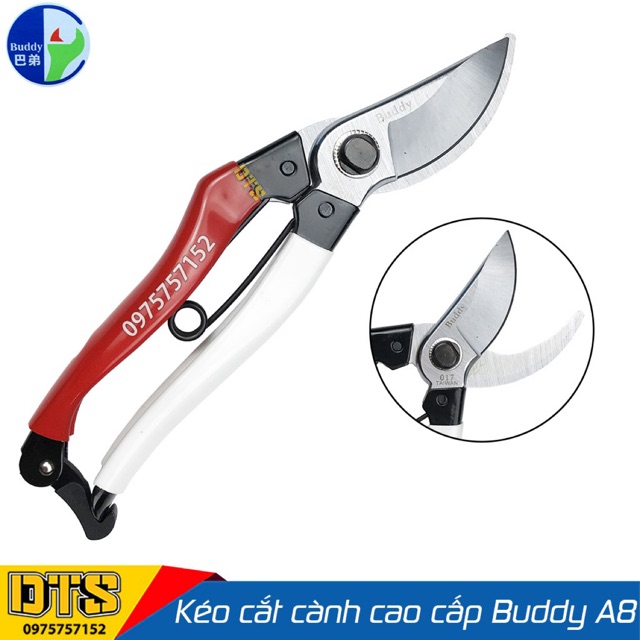 Kéo cắt cành Nhật cao cấp Buddy A8 200mm, thép tôi cao tần chống mài mòn