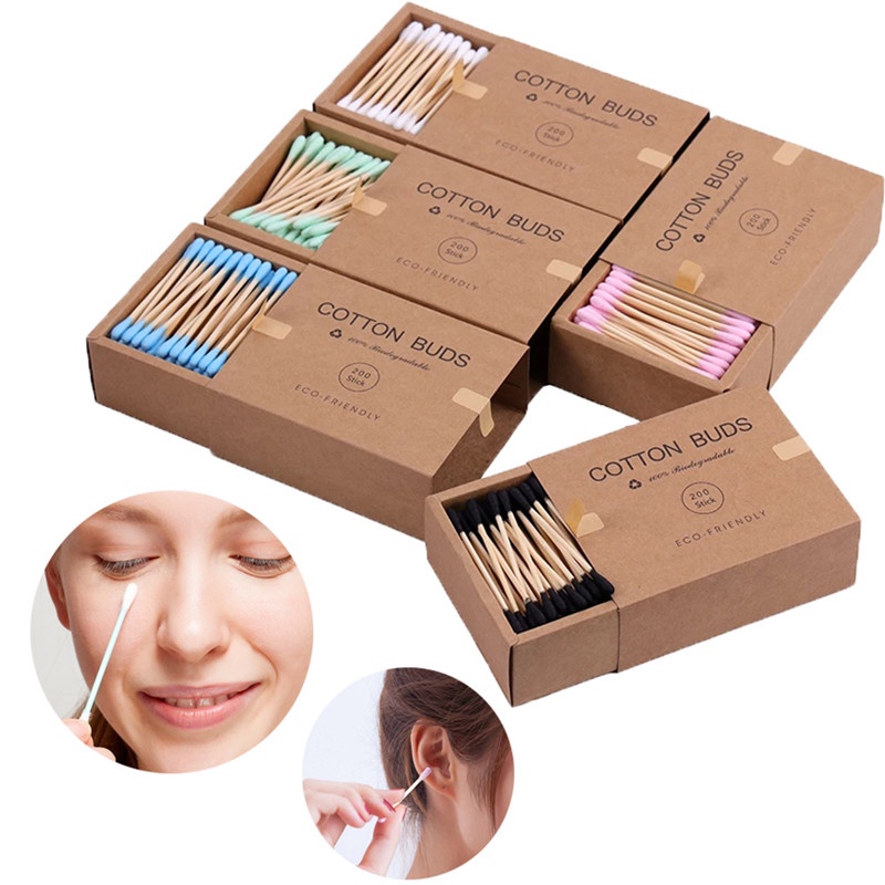 [Hàng mới về] Hộp 200 tăm bông vệ sinh hai đầu sử dụng một lần tiện lợi