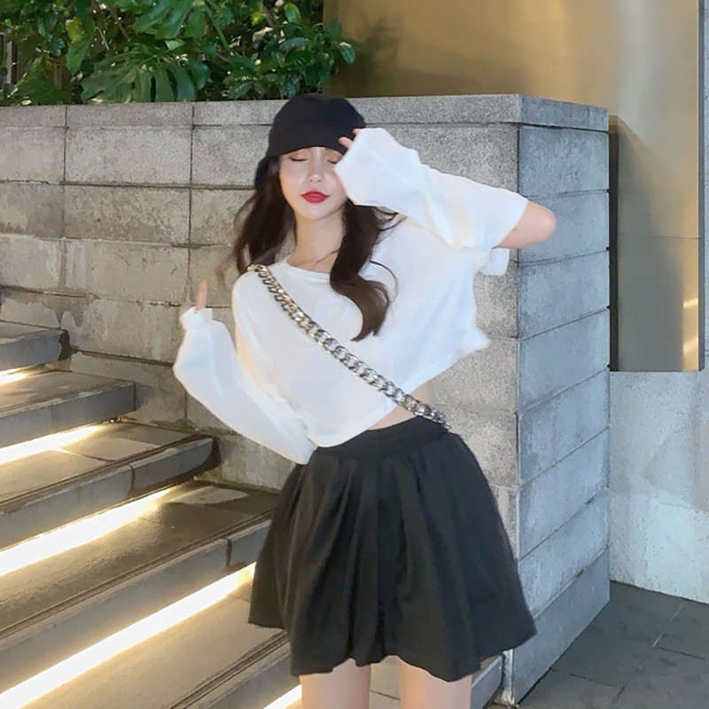 Women T-Shirt Round Collar Solid Color Long Sleeved Shirt Tops